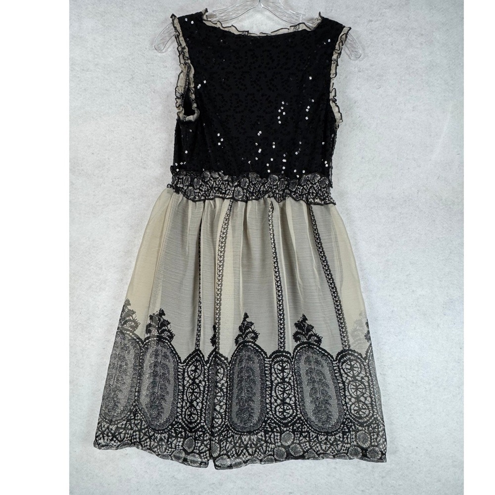 Ultra Pink Sequin Lace Border Print Dress Black Cream Sleeveless Party Small Y2K - Picture 7 of 7
